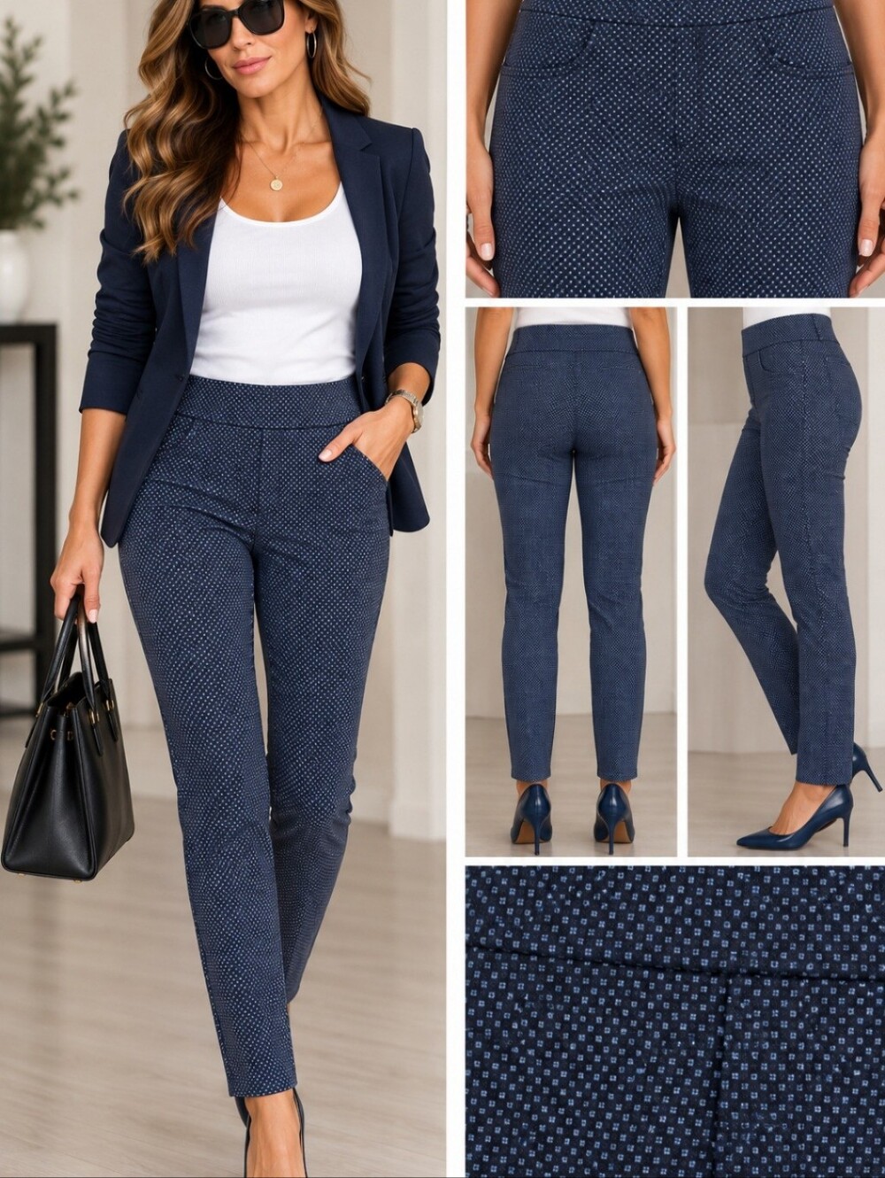 Slim Pull-On Skinny Pants in Navy Microdot